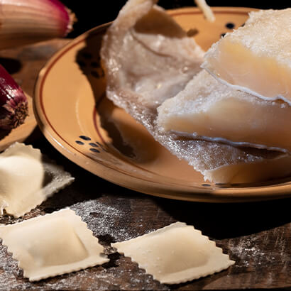 Ravioli with salted cod fish and Red Onion